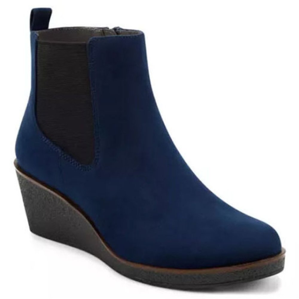 AEROSOLES Women's Brandi Faux Suede Wedge Heel Bootie in Navy Blue, 9.5 Medium